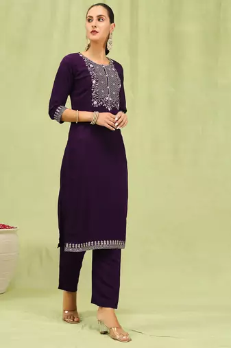 Purple embroidered viscose roman silk kurta sets