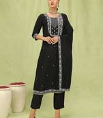 Black embroidered viscose roman silk kurta sets