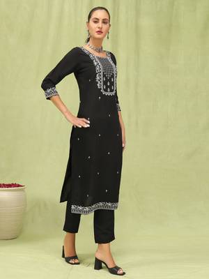 Black embroidered viscose roman silk kurta sets 2