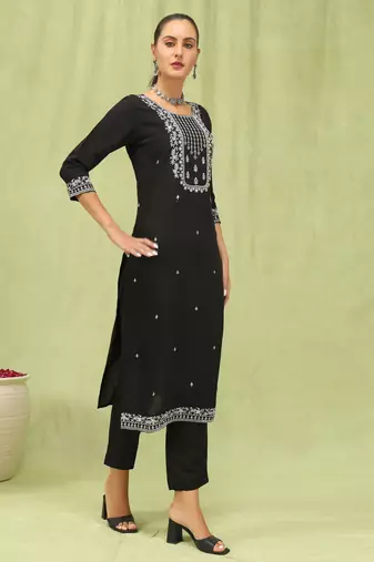 Black embroidered viscose roman silk kurta sets