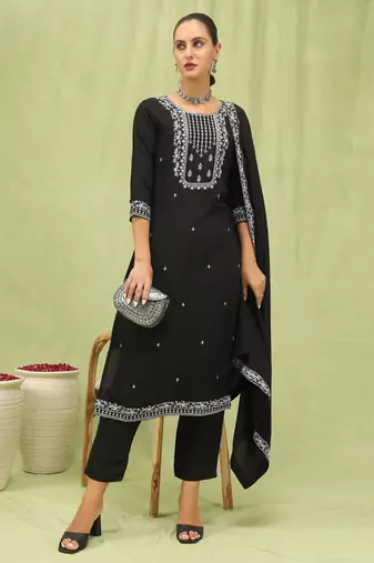 Black embroidered viscose roman silk kurta sets