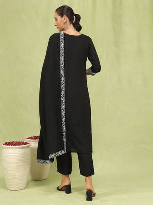 Black embroidered viscose roman silk kurta sets 4