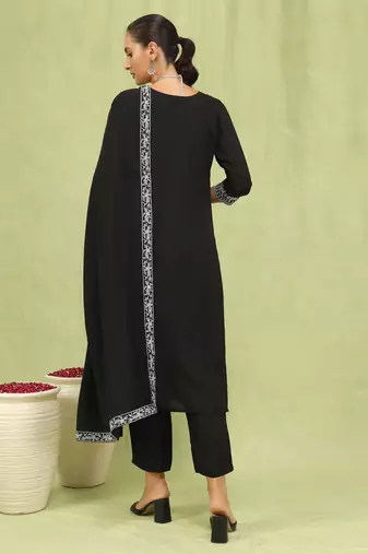 Black embroidered viscose roman silk kurta sets
