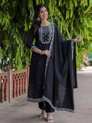 Black embroidered viscose roman silk kurta sets 1