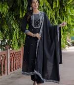 Black embroidered viscose roman silk kurta sets