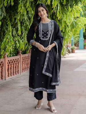 Black embroidered viscose roman silk kurta sets 4