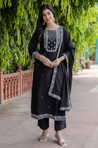 Black embroidered viscose roman silk kurta sets