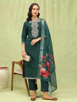 Green embroidered viscose roman silk kurta sets 2