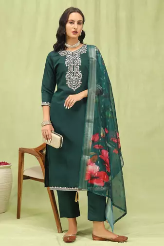 Green embroidered viscose roman silk kurta sets