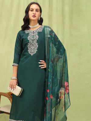 Green embroidered viscose roman silk kurta sets 3