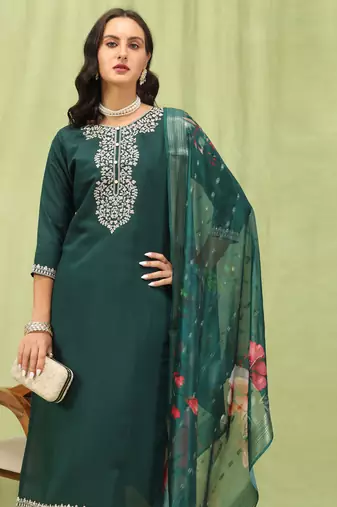 Green embroidered viscose roman silk kurta sets