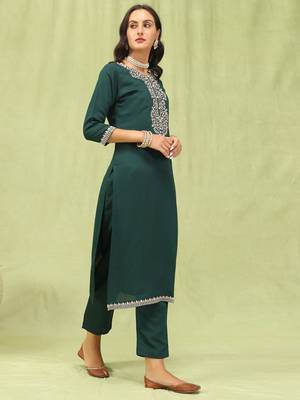 Green embroidered viscose roman silk kurta sets 4