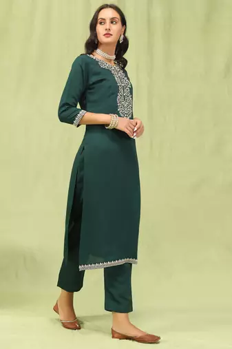 Green embroidered viscose roman silk kurta sets
