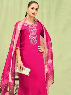 Pink embroidered viscose roman silk kurta sets 2