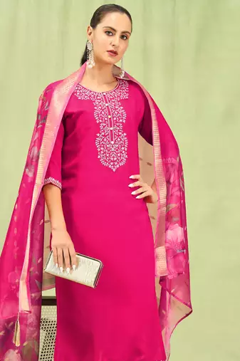 Pink embroidered viscose roman silk kurta sets