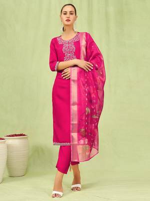 Pink embroidered viscose roman silk kurta sets 3