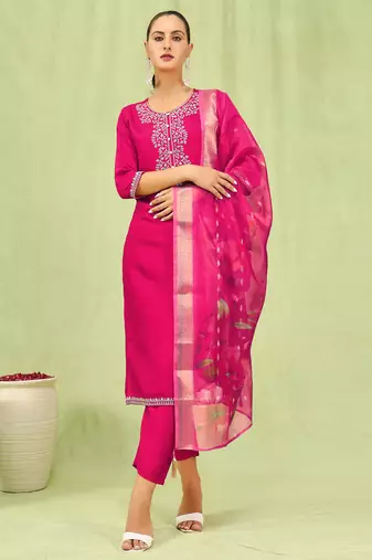 Pink embroidered viscose roman silk kurta sets