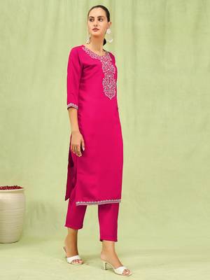 Pink embroidered viscose roman silk kurta sets 4