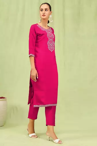 Pink embroidered viscose roman silk kurta sets