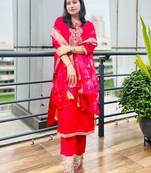 Pink embroidered viscose roman silk kurta sets