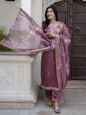 Purple embroidered viscose roman silk kurta sets 1