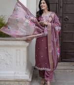 Purple embroidered viscose roman silk kurta sets