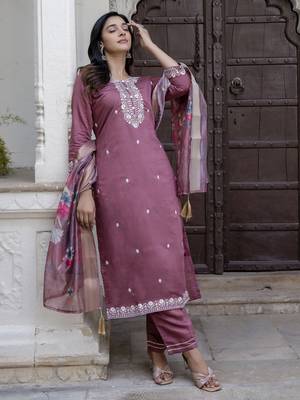 Purple embroidered viscose roman silk kurta sets 2