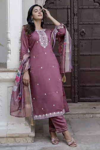 Purple embroidered viscose roman silk kurta sets
