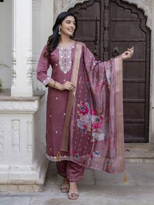 Purple embroidered viscose roman silk kurta sets 3