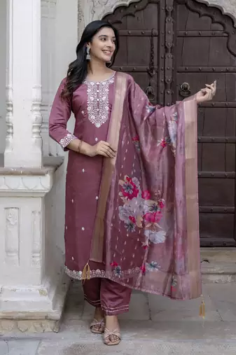 Purple embroidered viscose roman silk kurta sets