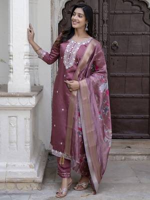 Purple embroidered viscose roman silk kurta sets 4