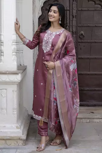 Purple embroidered viscose roman silk kurta sets