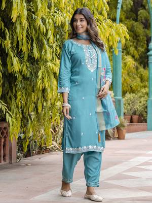 Teal embroidered viscose roman silk kurta sets 1