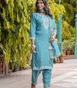 Teal embroidered viscose roman silk kurta sets