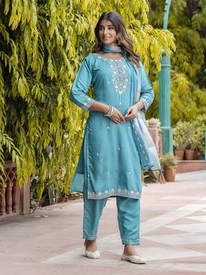 Teal embroidered viscose roman silk kurta sets 2