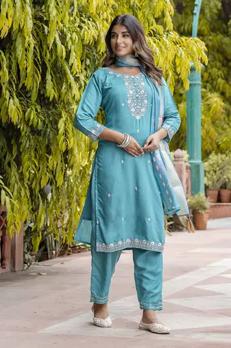 Teal embroidered viscose roman silk kurta sets