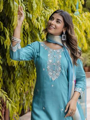 Teal embroidered viscose roman silk kurta sets 3