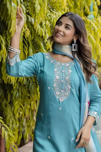 Teal embroidered viscose roman silk kurta sets