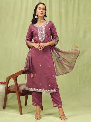 Purple embroidered viscose roman silk kurta sets 1