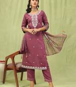 Purple embroidered viscose roman silk kurta sets