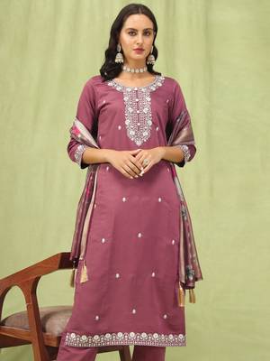 Purple embroidered viscose roman silk kurta sets 2