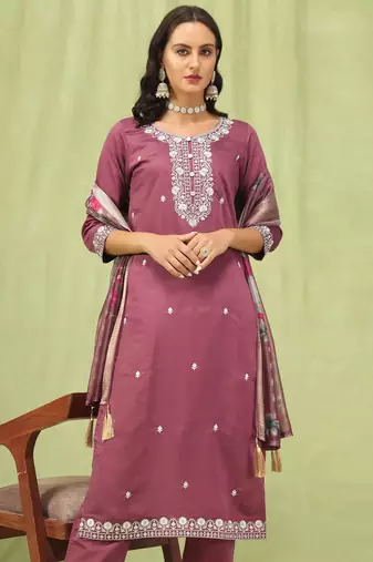 Purple embroidered viscose roman silk kurta sets