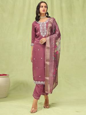 Purple embroidered viscose roman silk kurta sets 3