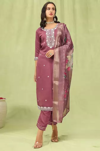 Purple embroidered viscose roman silk kurta sets