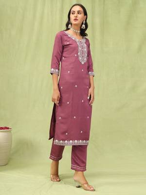 Purple embroidered viscose roman silk kurta sets 4