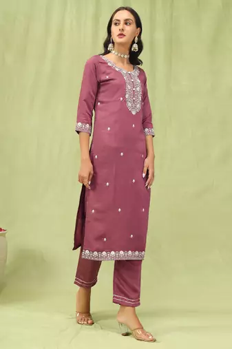 Purple embroidered viscose roman silk kurta sets
