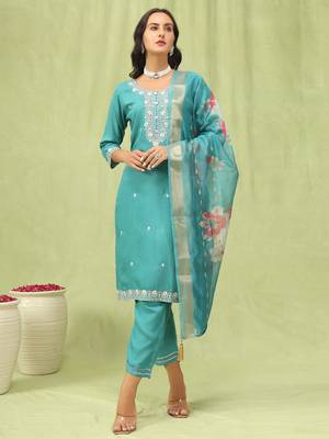 Teal embroidered viscose roman silk kurta sets 1