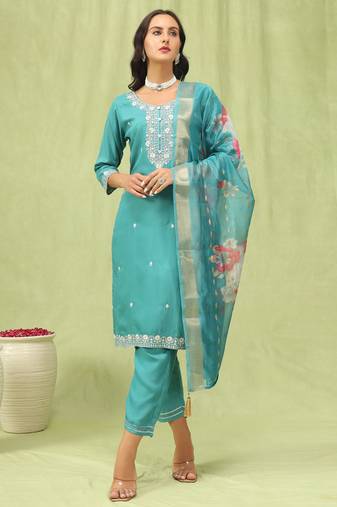 Teal embroidered viscose roman silk kurta sets