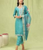 Teal embroidered viscose roman silk kurta sets