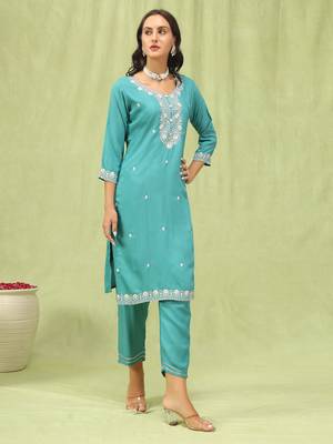 Teal embroidered viscose roman silk kurta sets 2